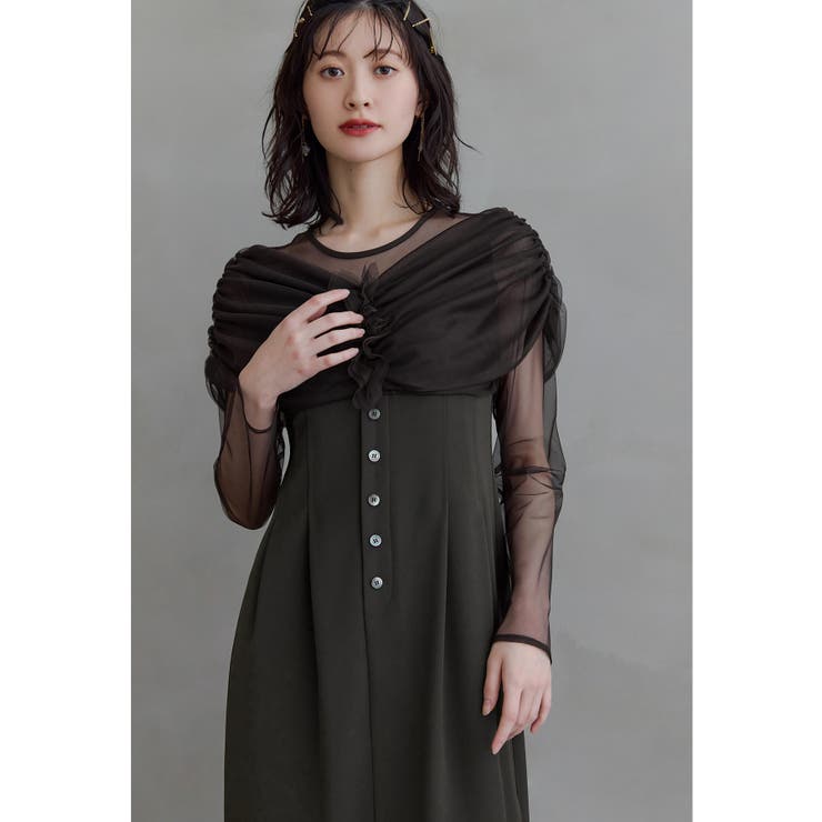 ブラウン | niana ニアナ シアーギャザーカラムドレス | Fashion Letter