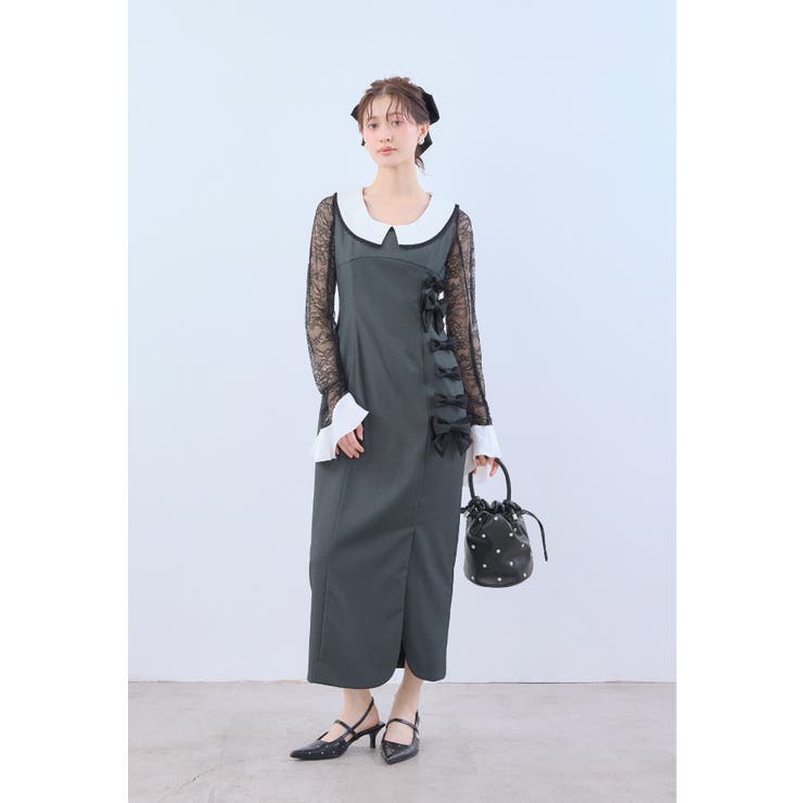 チャコール | niana ニアナ ミックスリボンラインドレス | Fashion Letter