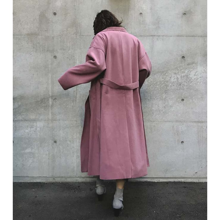 落ち着いたピンクのロングコートサイズ44 sankyo shokai 洗える ノーカラー パイピング コート レディース