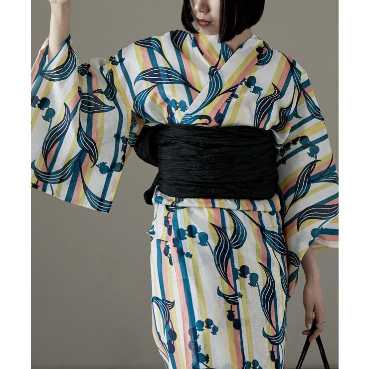 B：ストライプに鈴蘭 青竹 | asaka アサカ 綿仕立て上がり浴衣＋しわ兵児帯 | Fashion Letter