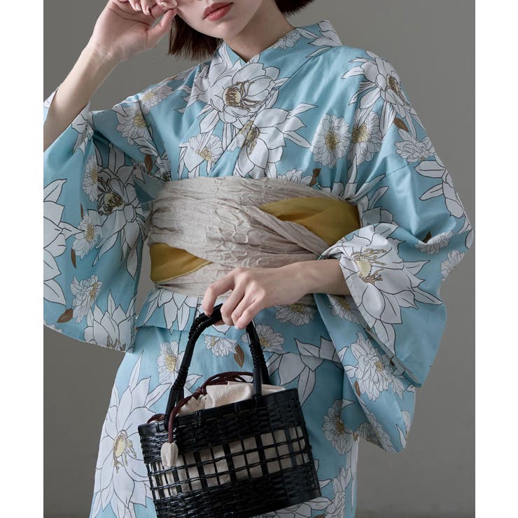 綿麻仕立て上がり浴衣＋しわ兵児帯 2点セット 芙蓉と芝草 藍色