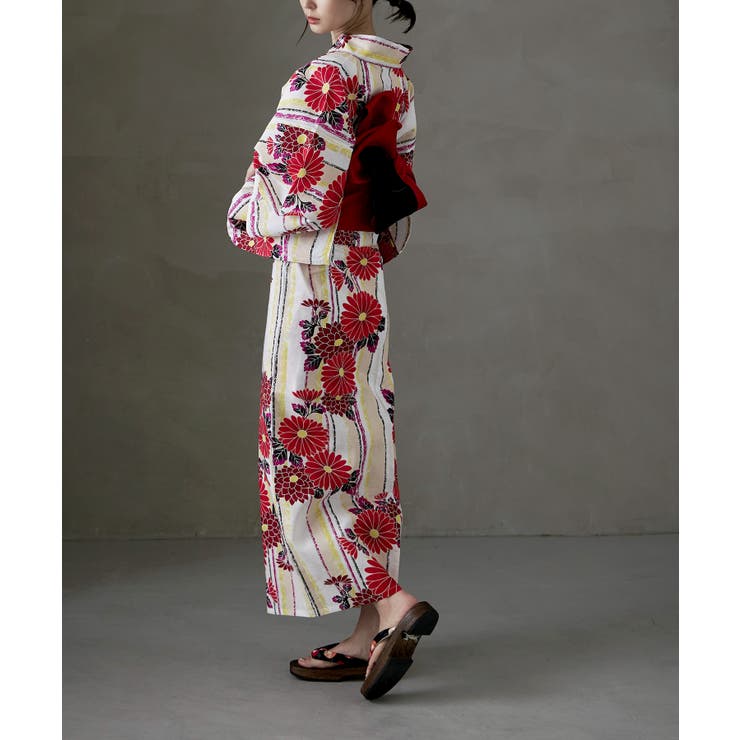 E：かすれ縞に菊 | asaka アサカ 綿仕立て上がり浴衣＋半幅帯 | Fashion Letter