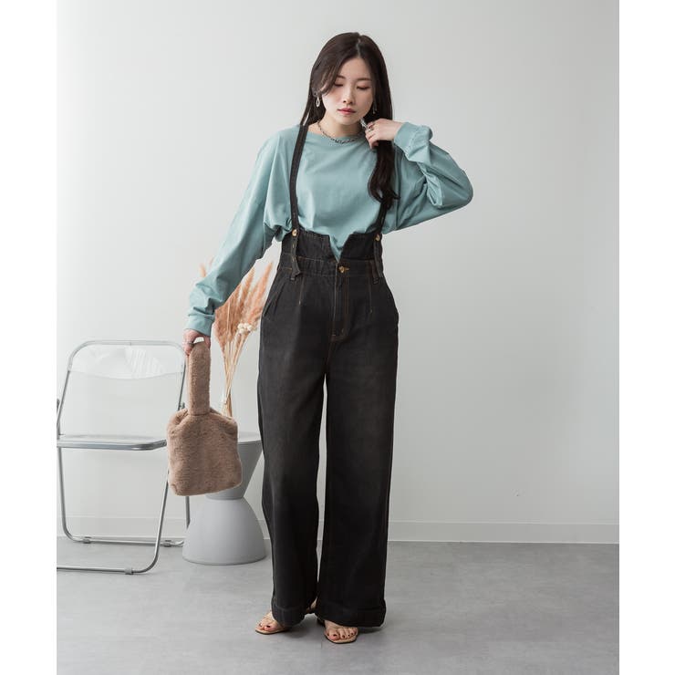 ブラック | aity アイティ サスペンダー付きデニムハイウェストワイドパンツ | Fashion Letter