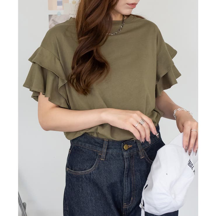カーキ | aity アイティ ティアードフリル袖Tシャツ | Fashion Letter