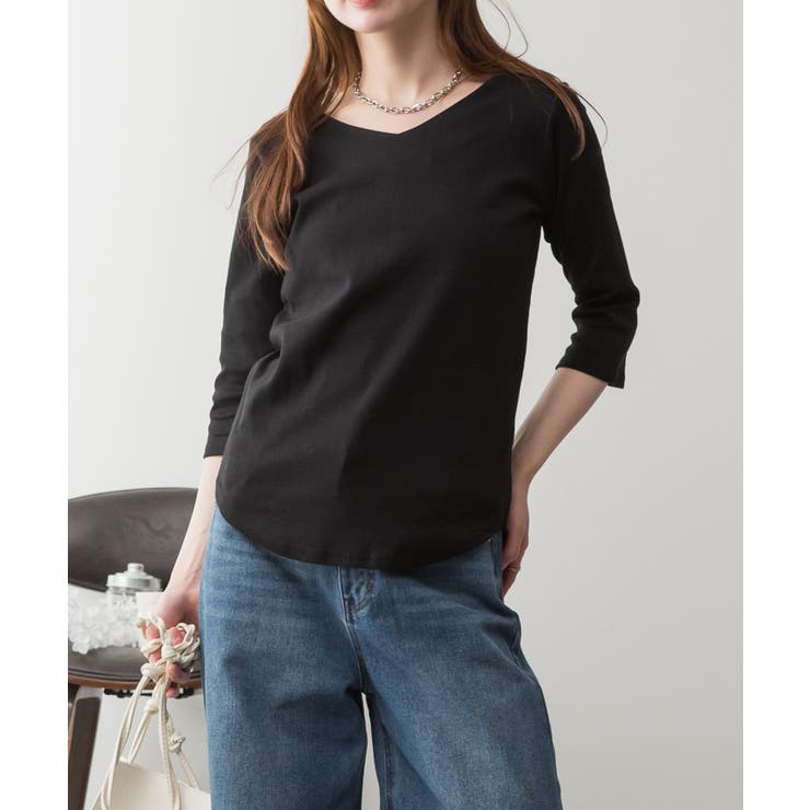 ブラック | aity アイティ Vネック7分袖カットソー | Fashion Letter