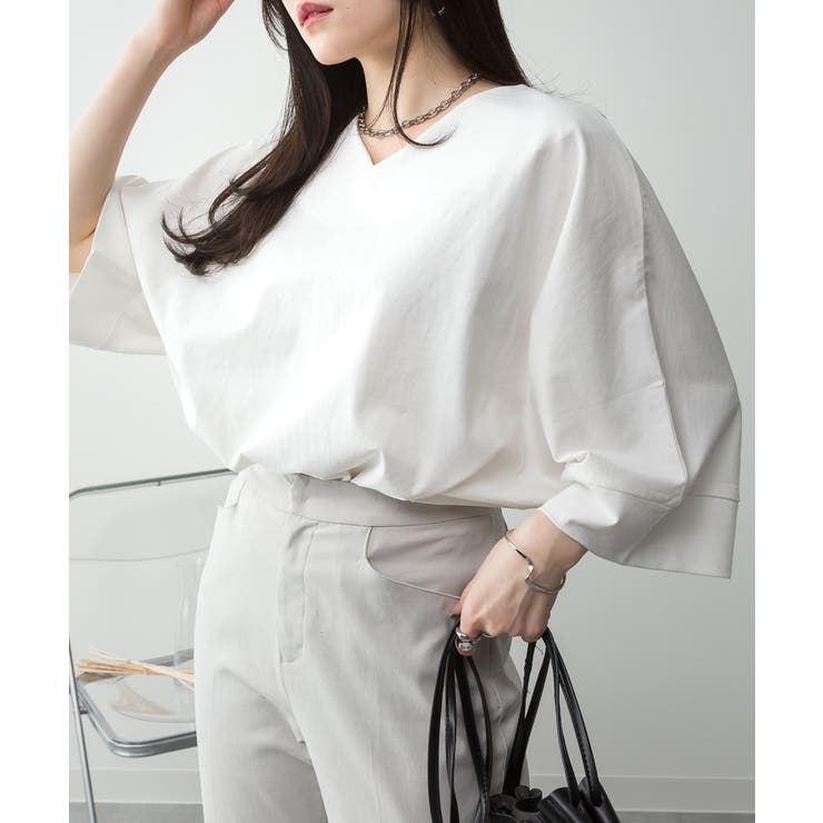 オフホワイト | aity アイティ Vネック7分袖ドルマンカットソー | Fashion Letter