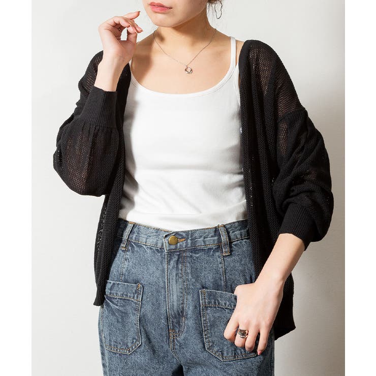 ブラック | aity アイティ メッシュ編みVネック7分袖カーディガン | Fashion Letter