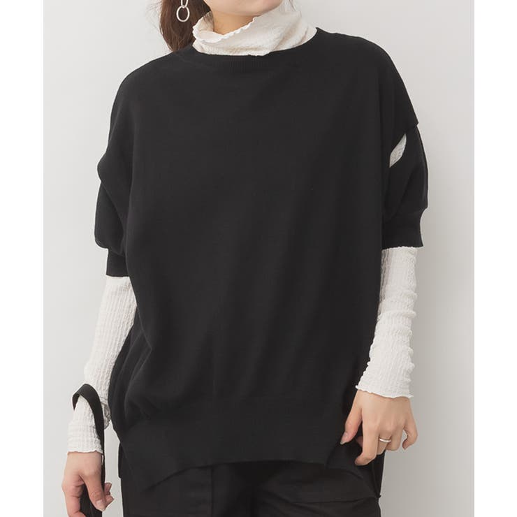 ブラック | aity アイティ カットアウトラウンドネック5分袖 | Fashion Letter