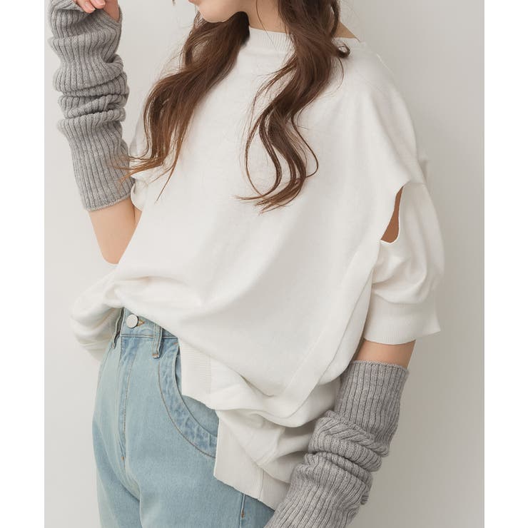 オフホワイト | aity アイティ カットアウトラウンドネック5分袖 | Fashion Letter