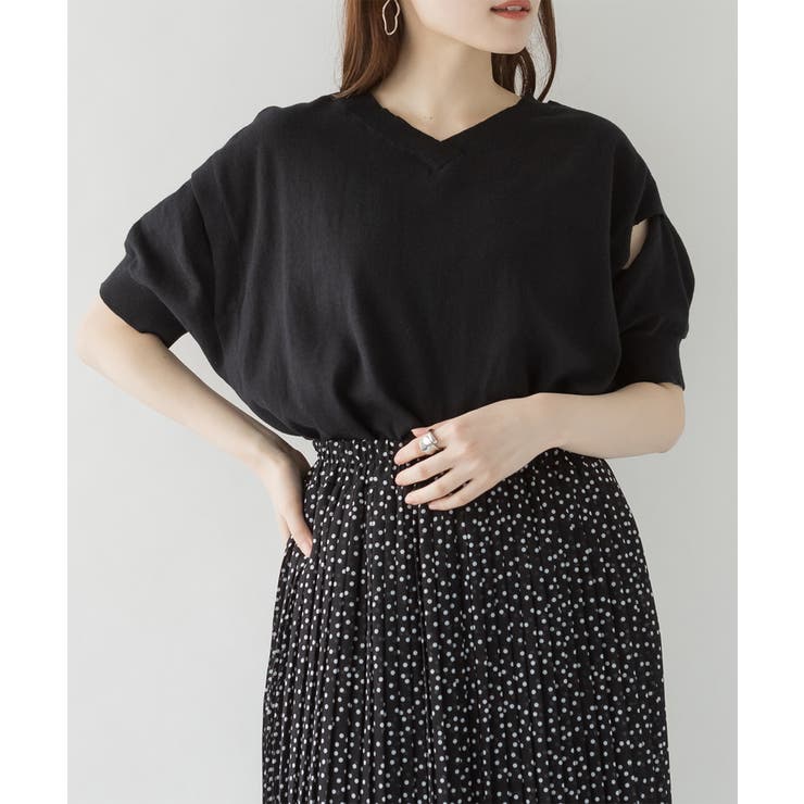 ブラック | aity アイティ 袖脇オープンVネック5分袖ニット | Fashion Letter