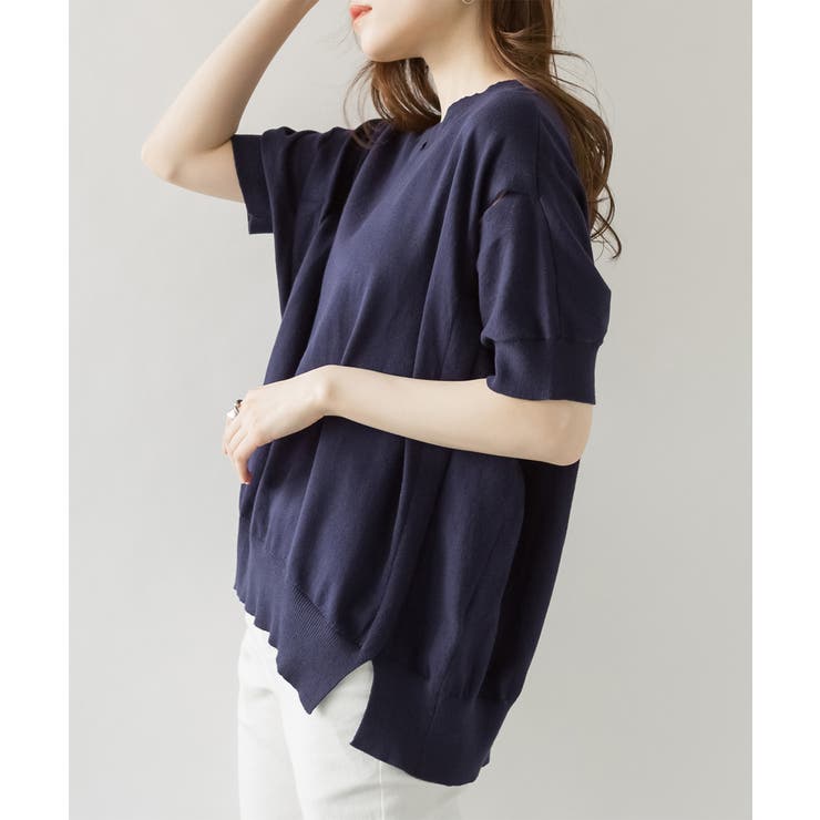 ネイビー | aity アイティ 袖脇オープンVネック5分袖ニット | Fashion Letter