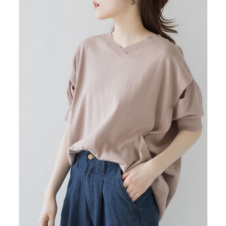 グレーベージュ | aity アイティ 袖脇オープンVネック5分袖ニット | Fashion Letter