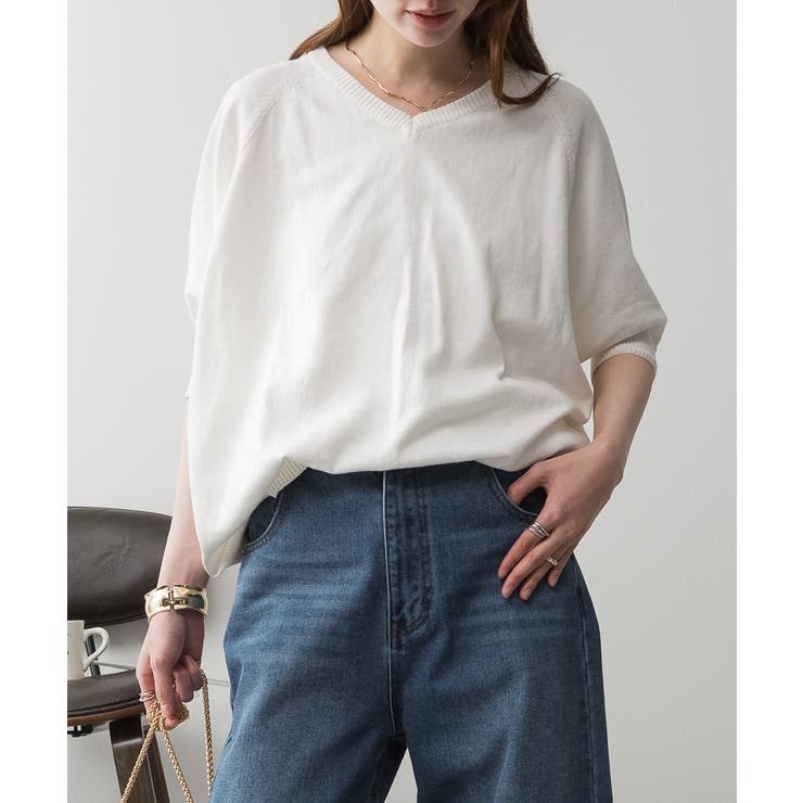オフホワイト | aity アイティ ドルマンシルエット5分袖サマーニット | Fashion Letter