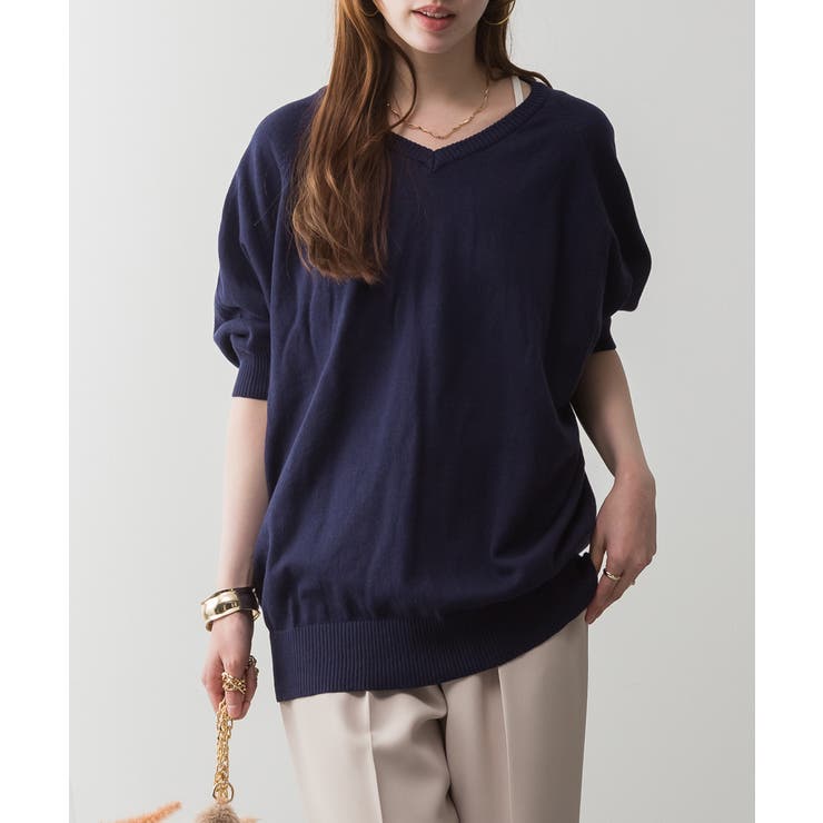 ネイビー | aity アイティ ドルマンシルエット5分袖サマーニット | Fashion Letter