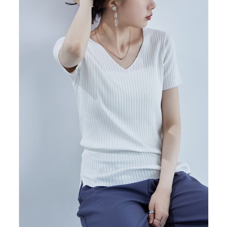 オフホワイト | etoll エトル Vネックリブサマーニット | Fashion Letter