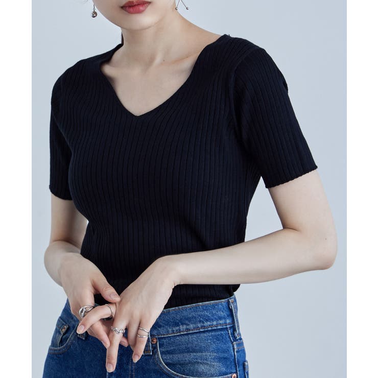 ブラック | etoll エトル Vネックリブサマーニット | Fashion Letter