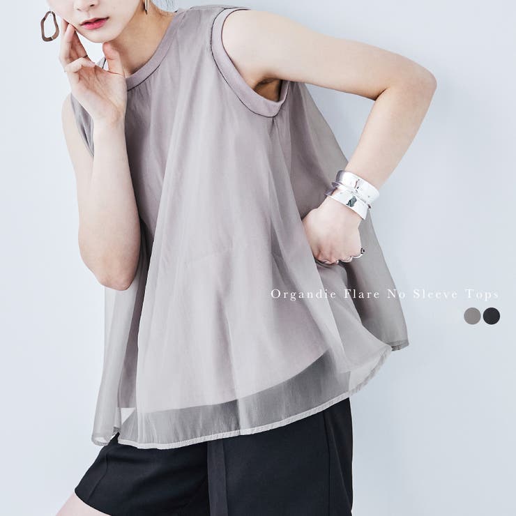天竺×オーガンジー ドッキングフレアトップス ノースリーブ | Fashion Letter | 詳細画像1 