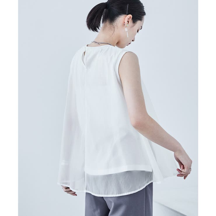 天竺×オーガンジー ドッキングフレアトップス ノースリーブ | Fashion Letter | 詳細画像4 