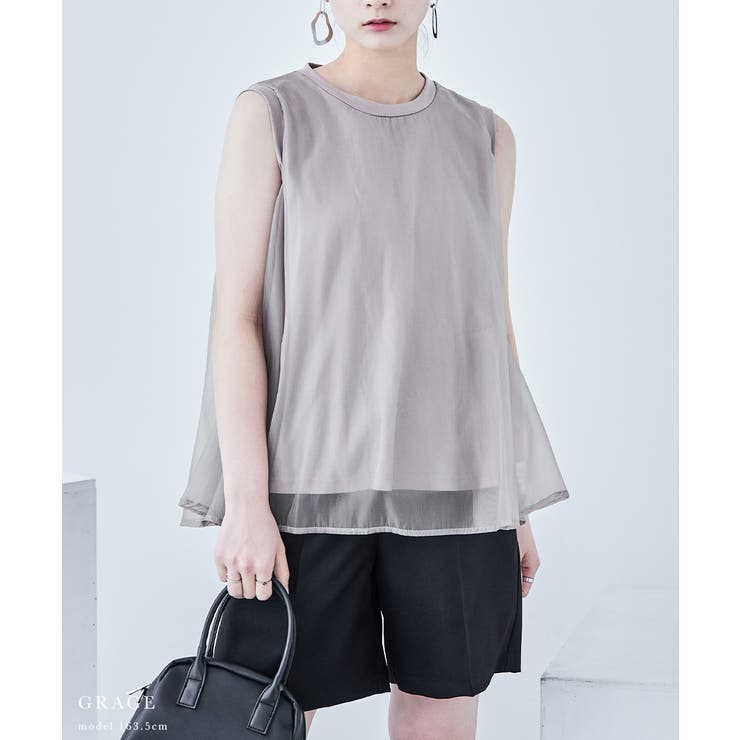 天竺×オーガンジー ドッキングフレアトップス ノースリーブ | Fashion Letter | 詳細画像7 