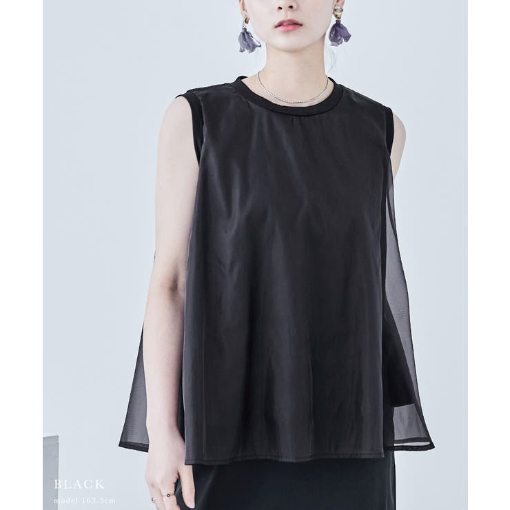 天竺×オーガンジー ドッキングフレアトップス ノースリーブ | Fashion Letter | 詳細画像12 