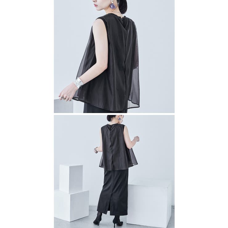 天竺×オーガンジー ドッキングフレアトップス ノースリーブ | Fashion Letter | 詳細画像15 