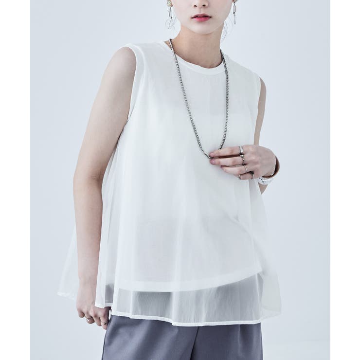 ホワイト | 天竺×オーガンジー ドッキングフレアトップス ノースリーブ | Fashion Letter