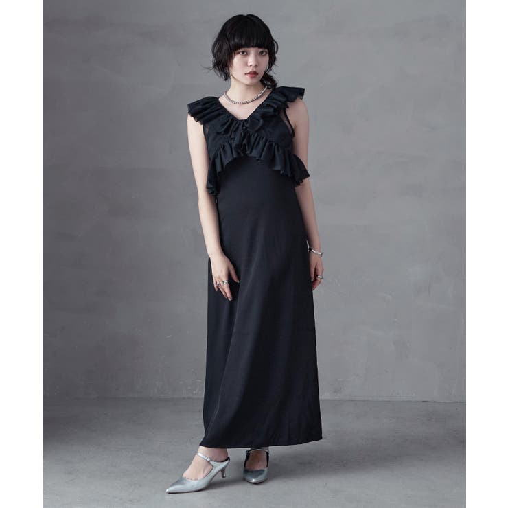 ブラック | aity アイティ チュールフリルベスト×キャミワンピ | Fashion Letter