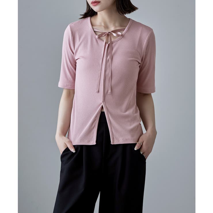 ピンク | etoll エトル リボンオーバルネックリブトップス | Fashion Letter