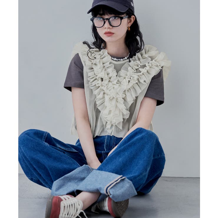 アイボリー | etoll エトル チュールフリルショートベスト | Fashion Letter