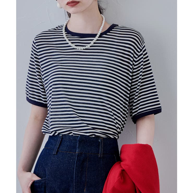 ネイビー | etoll エトル リンガーネックシアーボーダーTシャツ | Fashion Letter