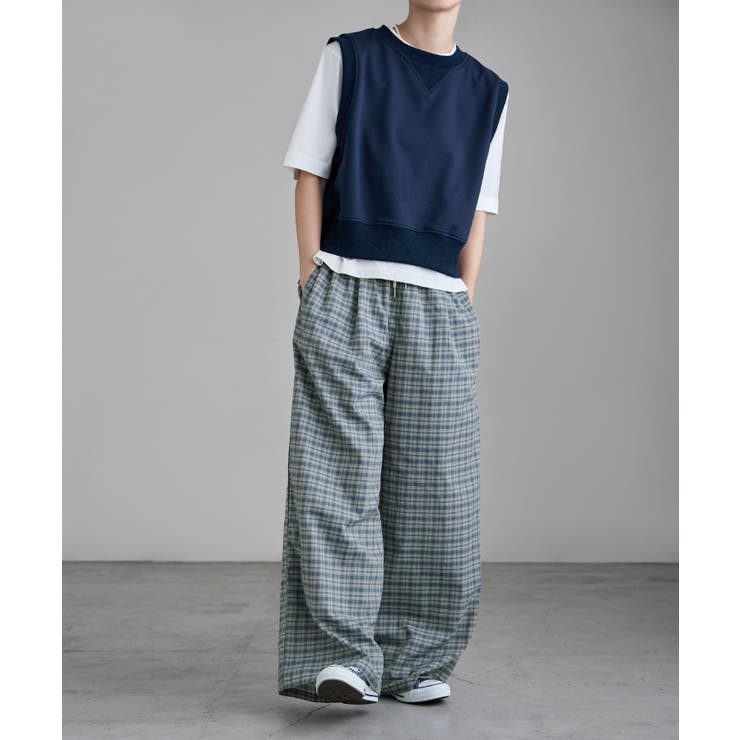 ブルー | etoll エトル チェック柄コットンワイドパンツ | Fashion Letter