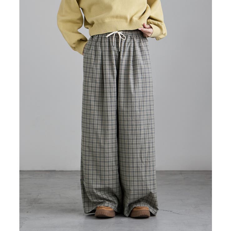 オリーブ | etoll エトル チェック柄コットンワイドパンツ | Fashion Letter