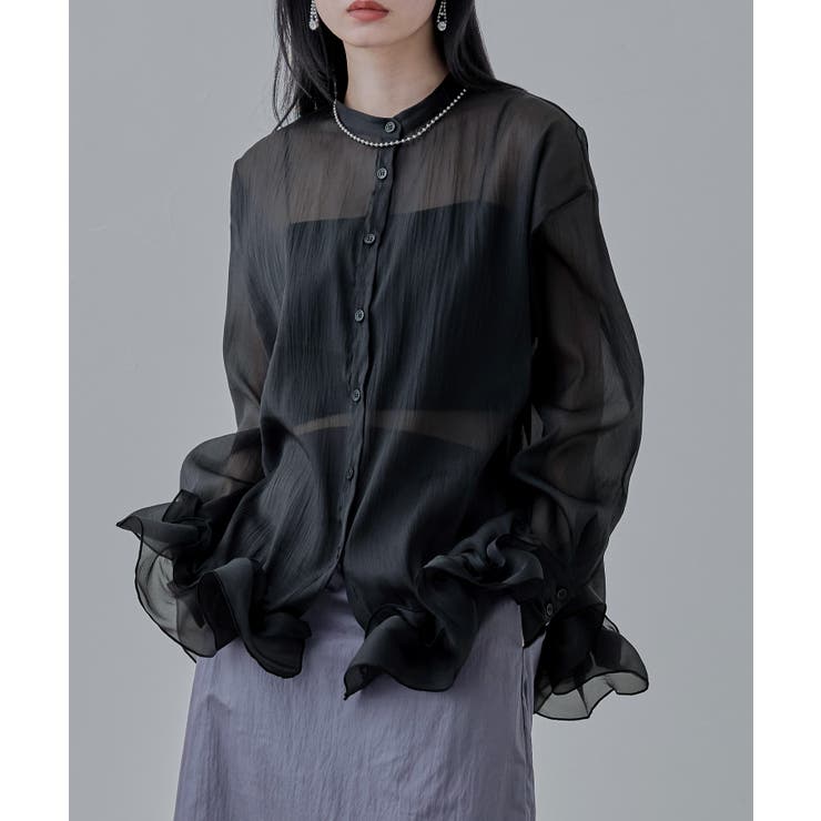 ブラック | etoll エトル オーガンジーフリルヘムシアーブラウス | Fashion Letter
