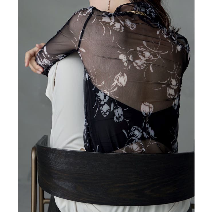ブラック | etoll エトル 花柄シアーボトルネックトップス | Fashion Letter