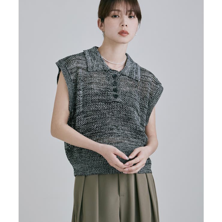 ブラック | etoll エトル ミックスメッシュポロ襟ニット | Fashion Letter