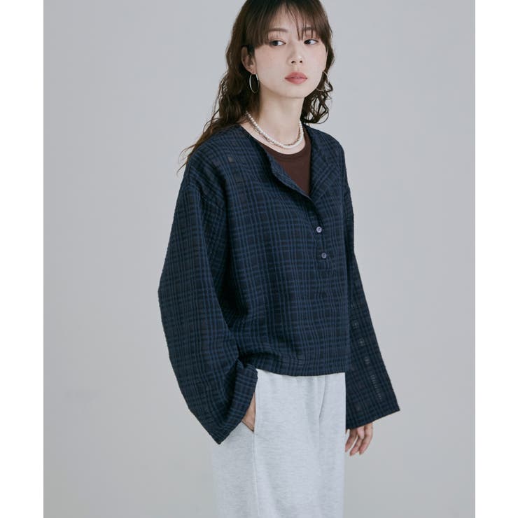ネイビー | etoll エトル 2wayチェック柄シアーブラウス | Fashion Letter