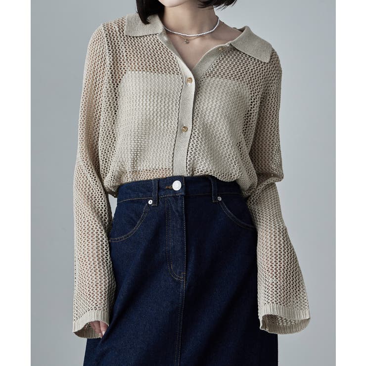 ベージュ | etoll エトル メッシュニット襟付きカーディガン | Fashion Letter