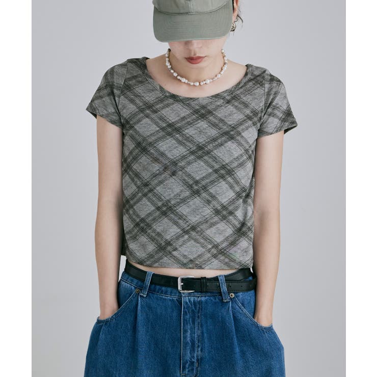 グレー | etoll エトル バイアスチェックフライスコンパクトTシャツ | Fashion Letter