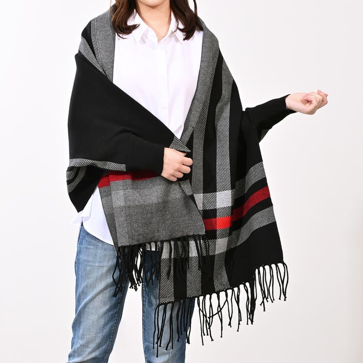 チェック柄カーディガン ポンチョ羽織り ストール 秋 冬 秋冬 きれいめ