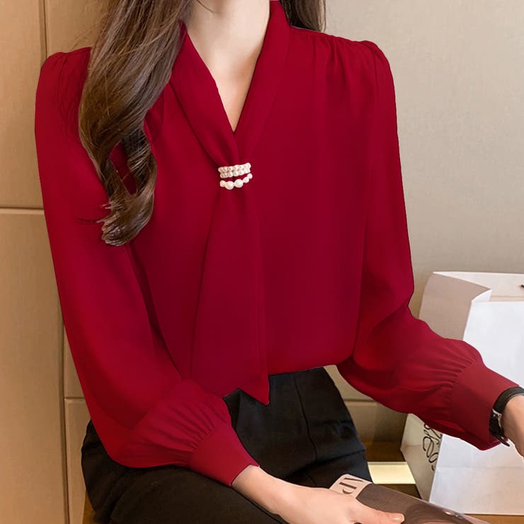 Vネック三連パール付きボウタイブラウス 上品 オフィス[品番