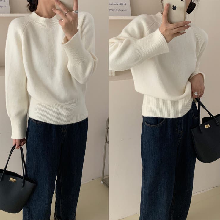 カシミヤタッチプチハイネックニットトップス セーター プルオーバー 