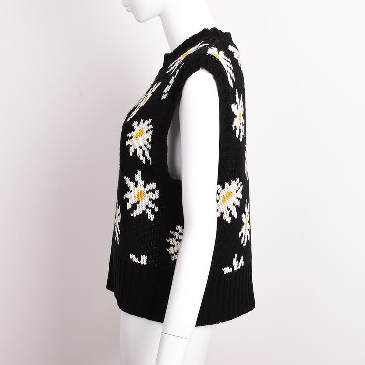 マーガレット柄ニットベストお花可愛い秋冬ジャガード厚手で暖かい