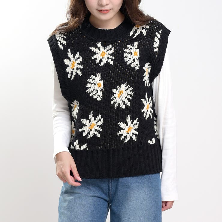 マーガレット柄ニットベストお花可愛い秋冬ジャガード厚手で暖かい