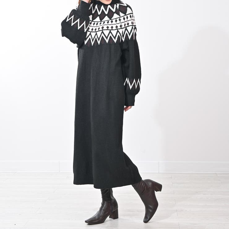 求心柄ニットワンピース フェアアイル 1枚で主役級[品番：FM000005603