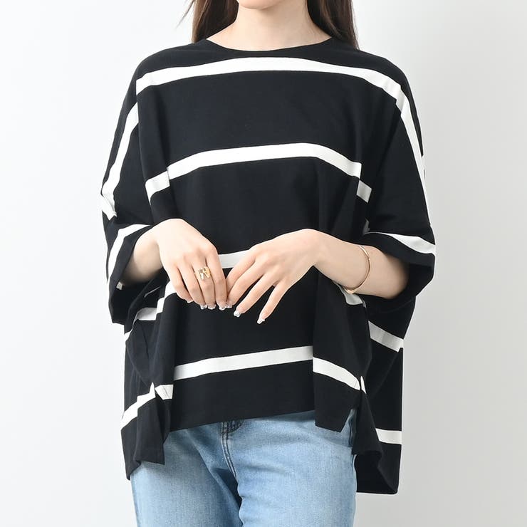 ブラック×オフホワイト | ワイドシルエットボーダーカットソー ゆったり カジュアル 体形カバー | Maria Trinity