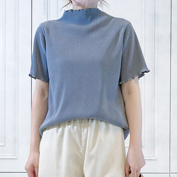 くすみカラープリーツ素材メロー半袖トップス 春夏 メロウトップス