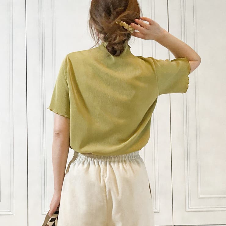 アッシュブルー】くすみカラープリーツ素材メロー半袖トップス 春夏