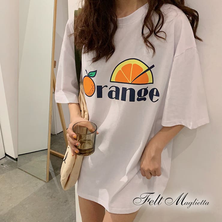 オレンジプリントTシャツ 5分袖 フラワープリント[品番：FM000005499