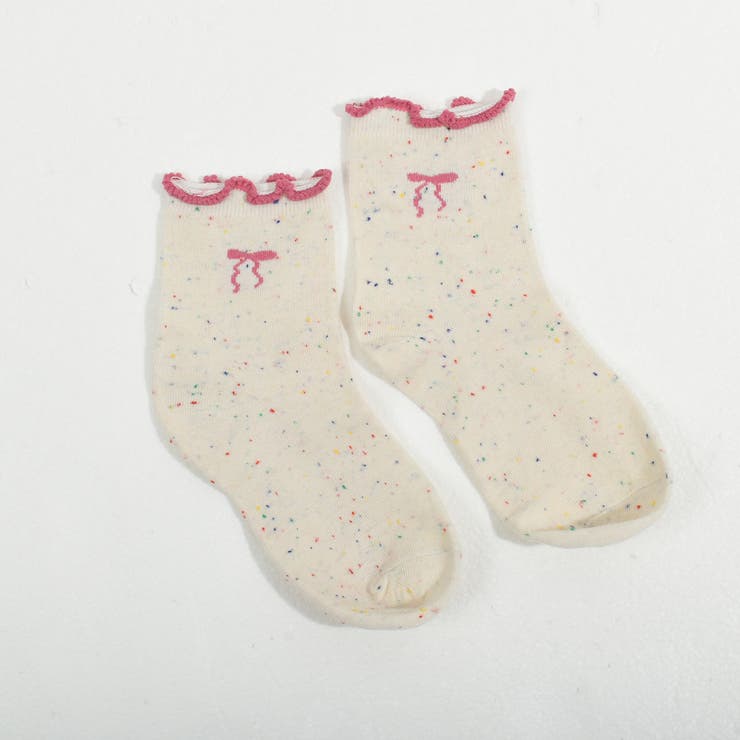 リボン刺繍入りカラフルソックス 靴下 トレンド[品番：FM000006684
