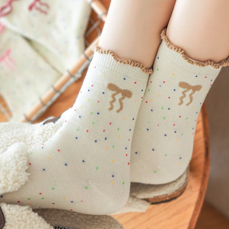 リボン刺繍入りカラフルソックス 靴下 トレンド[品番：FM000006684